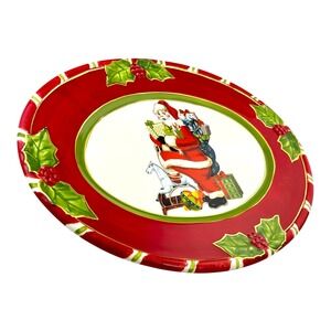 Christopher Radko Santa Oval Serving Platter Holly Berry Ceramic